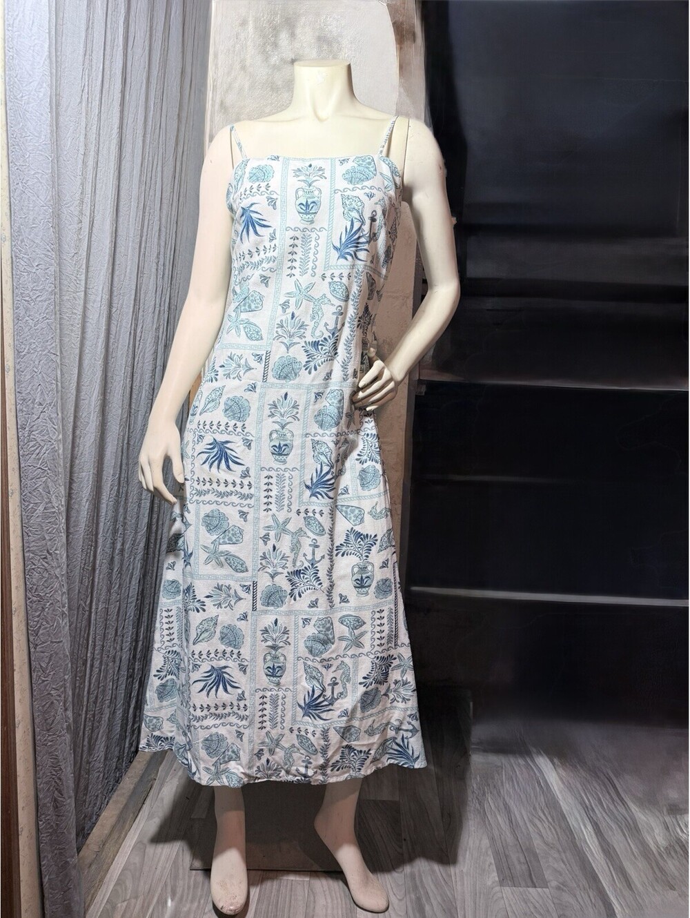 Japna A-Line Dress L Smocked Square Neck Strappy Blue White Tropical Midi